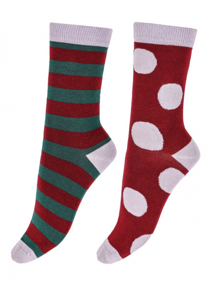 Large Stripe & Spot Bamboo Socks 2 Pair Pack - Red Mix