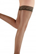 Nylons 10 Denier Lace Top Hold Ups - Barely Black. Pretty Polly hosiery. Sheer gloss tights evoking vintage glamour, legs model. 
