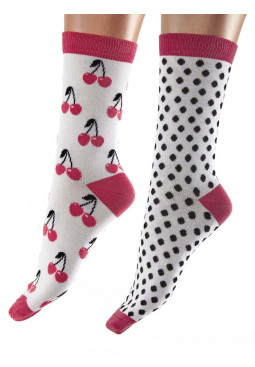 Cherry Pattern Bamboo Socks 2 Pair Pack - Pink Mix