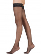 Nylons 10 Denier Lace Top Hold Ups - Black. Pretty Polly hosiery. Sheer gloss tights evoking vintage glamour, side legs model

